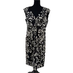 DONNA RICCO New York Black/White Scroll Design Bow Front Sheath Dress Size 12
